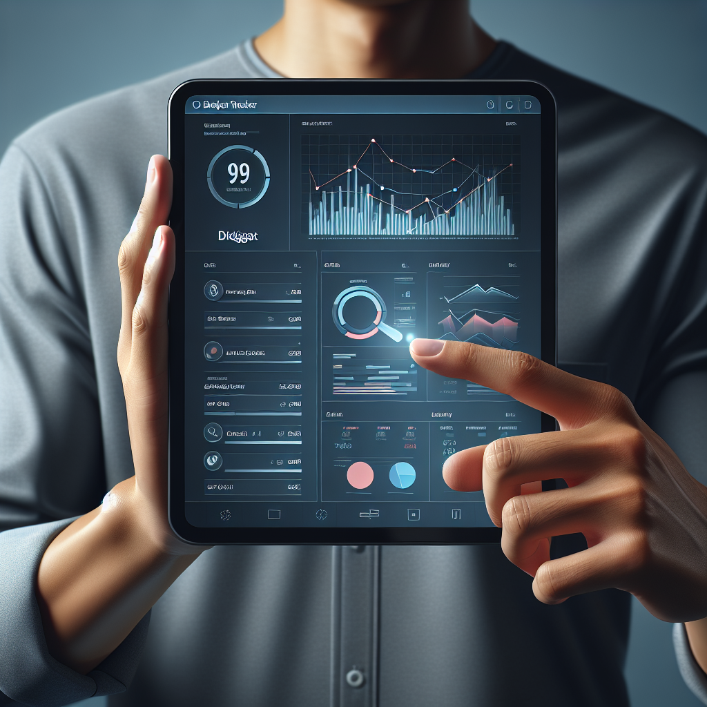 A person using a digital budget tracker app on a tablet, showing graphs and charts on the screen.