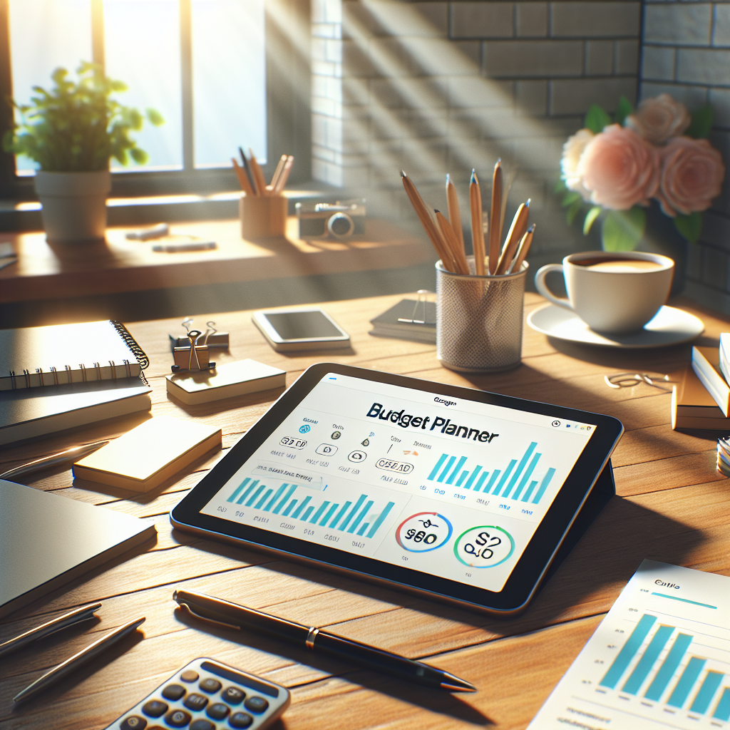 A digital budget planning scene with a tablet displaying a budget tracker, situated on a well-organized workspace.