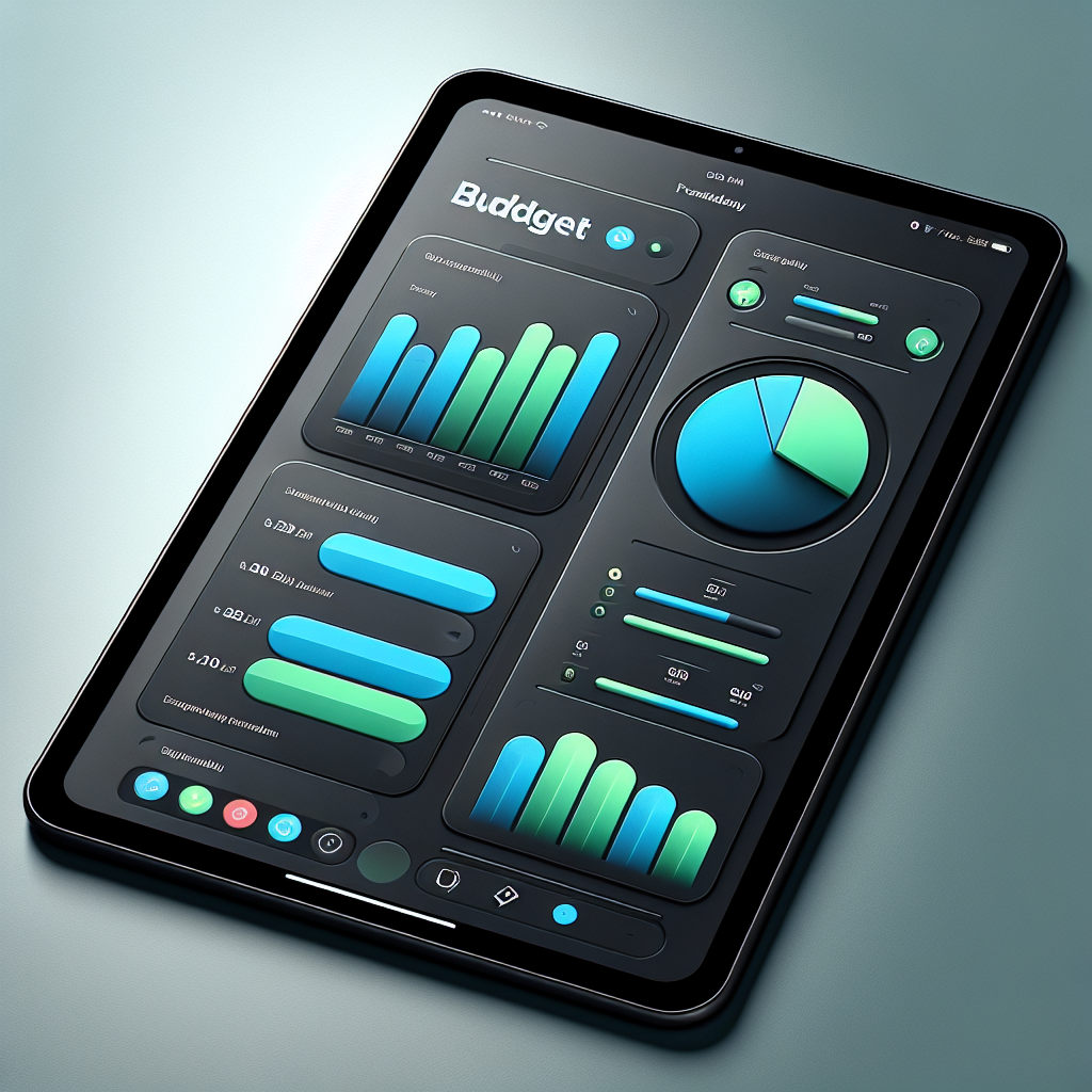 A digital tablet displaying a colorful budget tracker app interface.