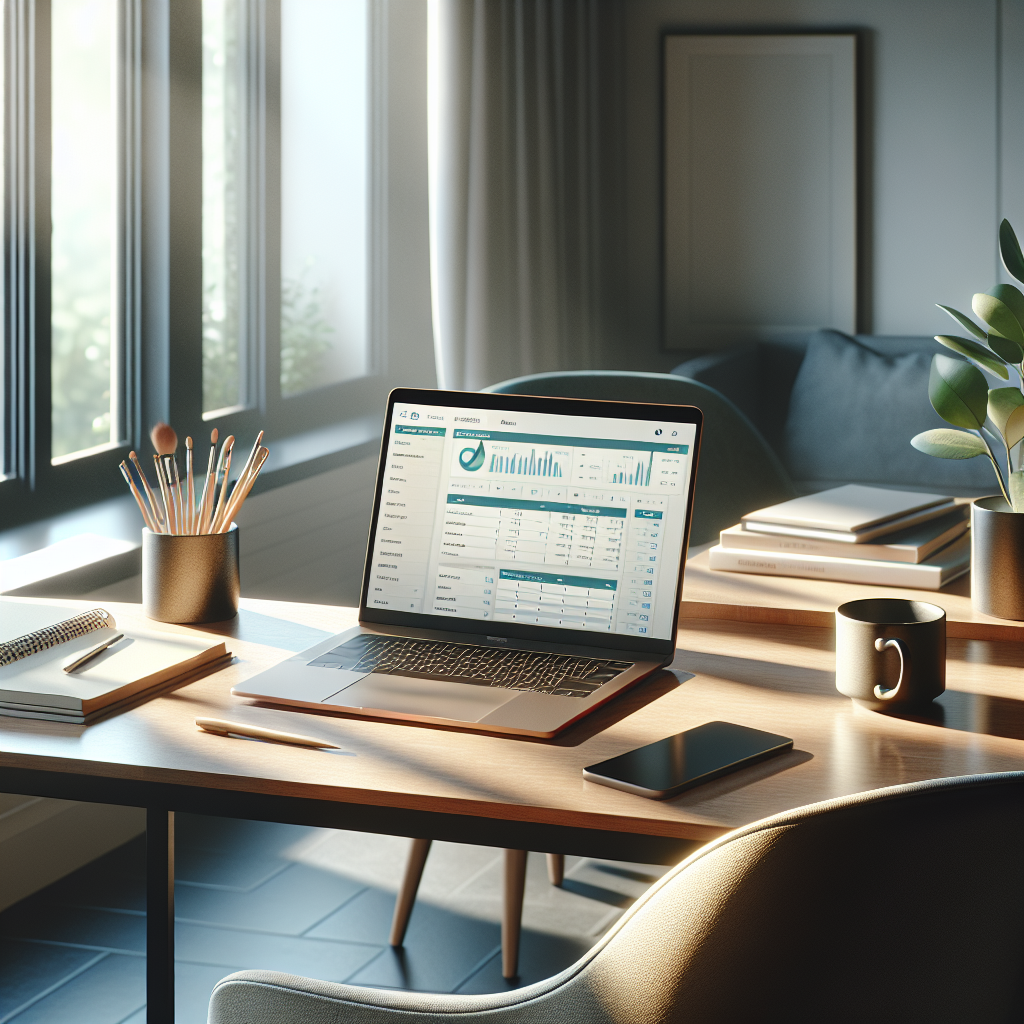 Modern workspace with a laptop showing the YNAB Budget Planner interface on a wooden desk.