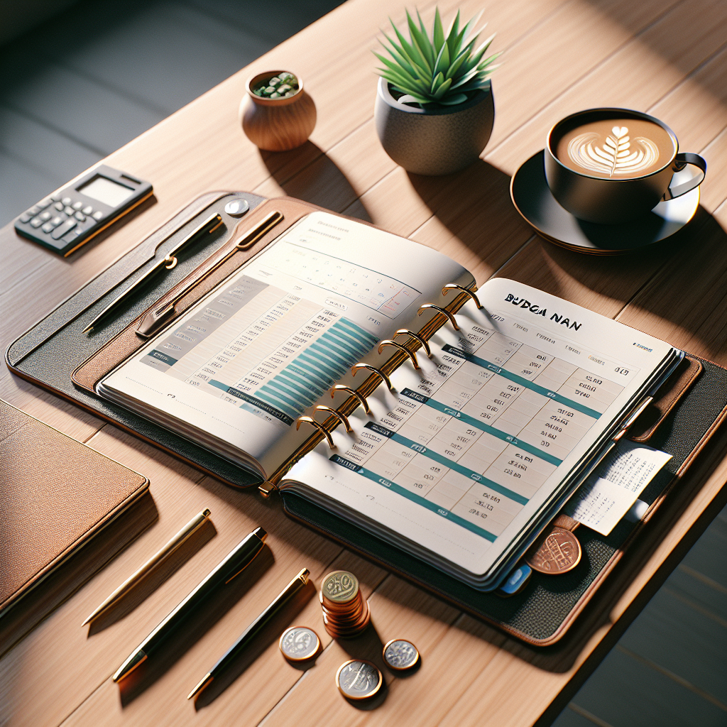 A modern budget planner on a desk with a coffee cup and plant.