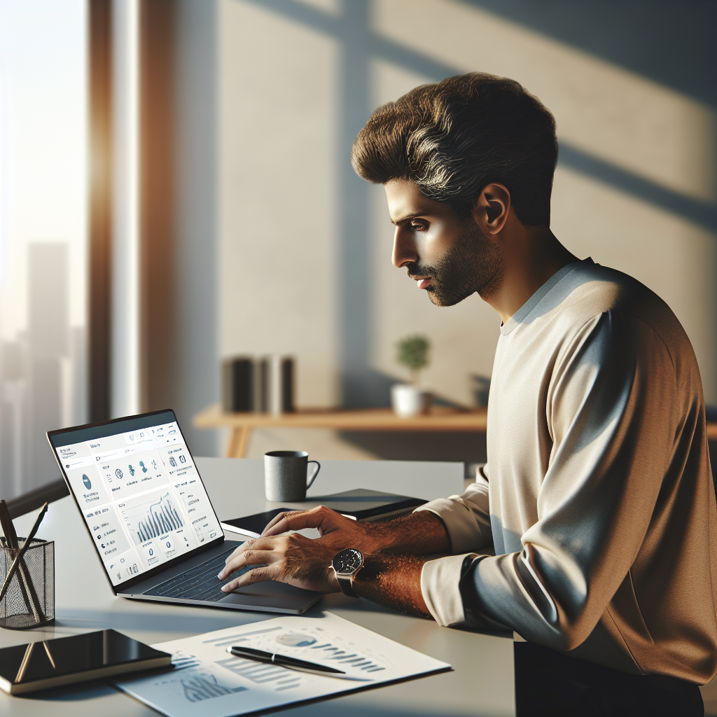 A person using a laptop with financial tools on the screen, embodying proactive financial management.