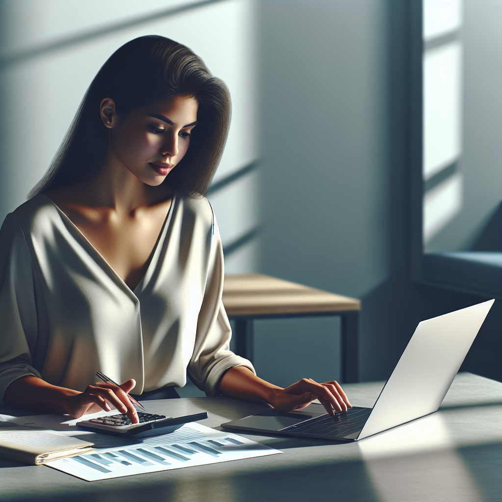 A young professional using a digital budgeting app on a laptop in a modern, well-lit workspace.