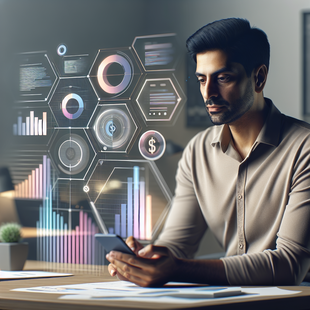 Person using a smartphone with digital financial graphs representing budget and debt apps.