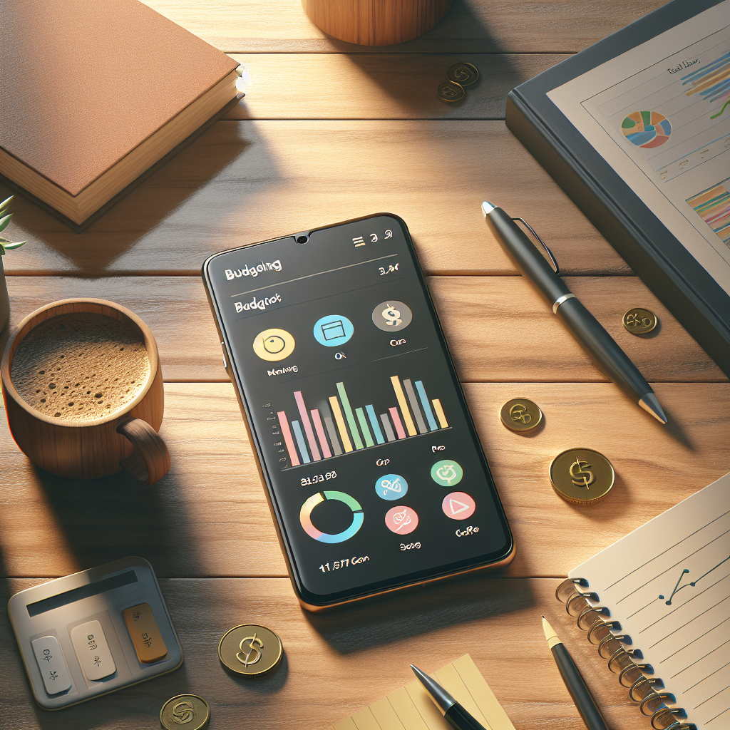 A smartphone on a wooden desk showing a budgeting app with colorful charts, surrounded by a notepad, coffee, and a pen.