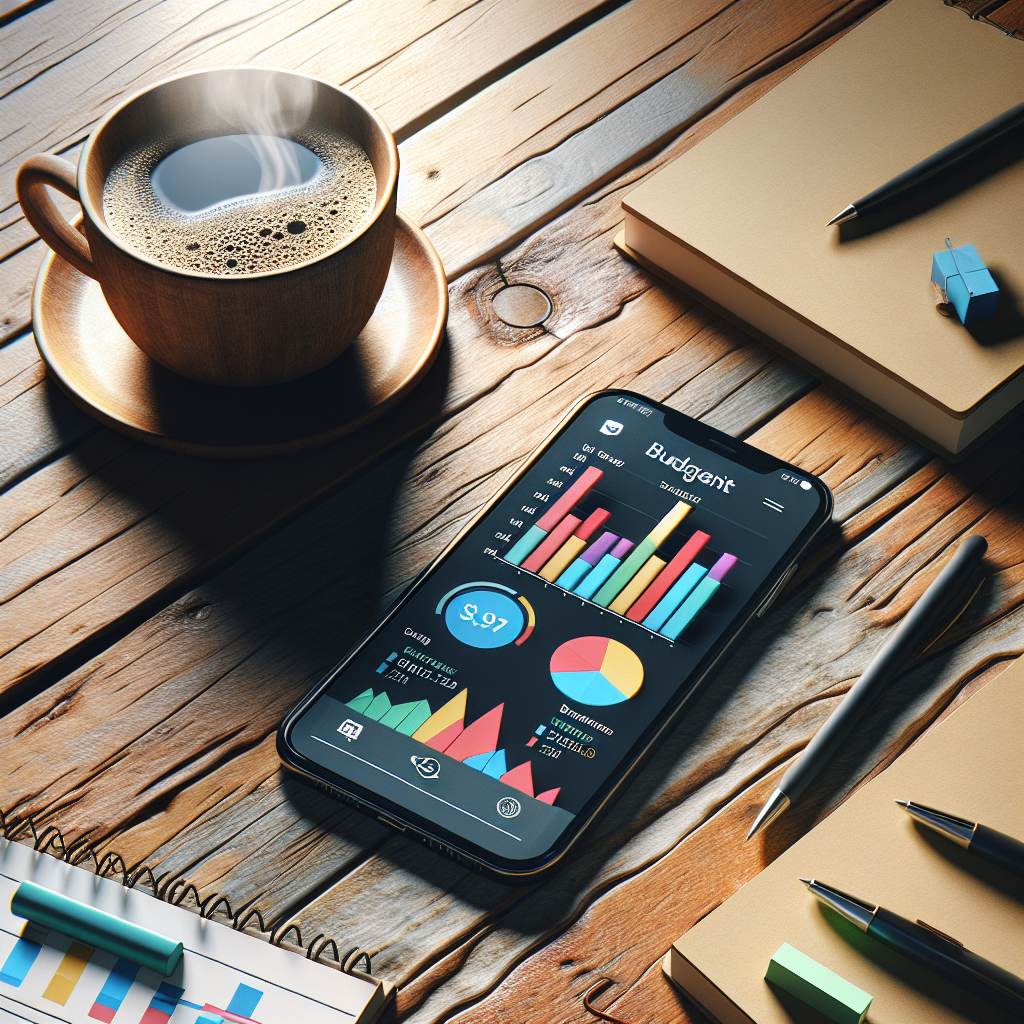 A smartphone displaying a budgeting app interface on a wooden desk with coffee and a notepad.