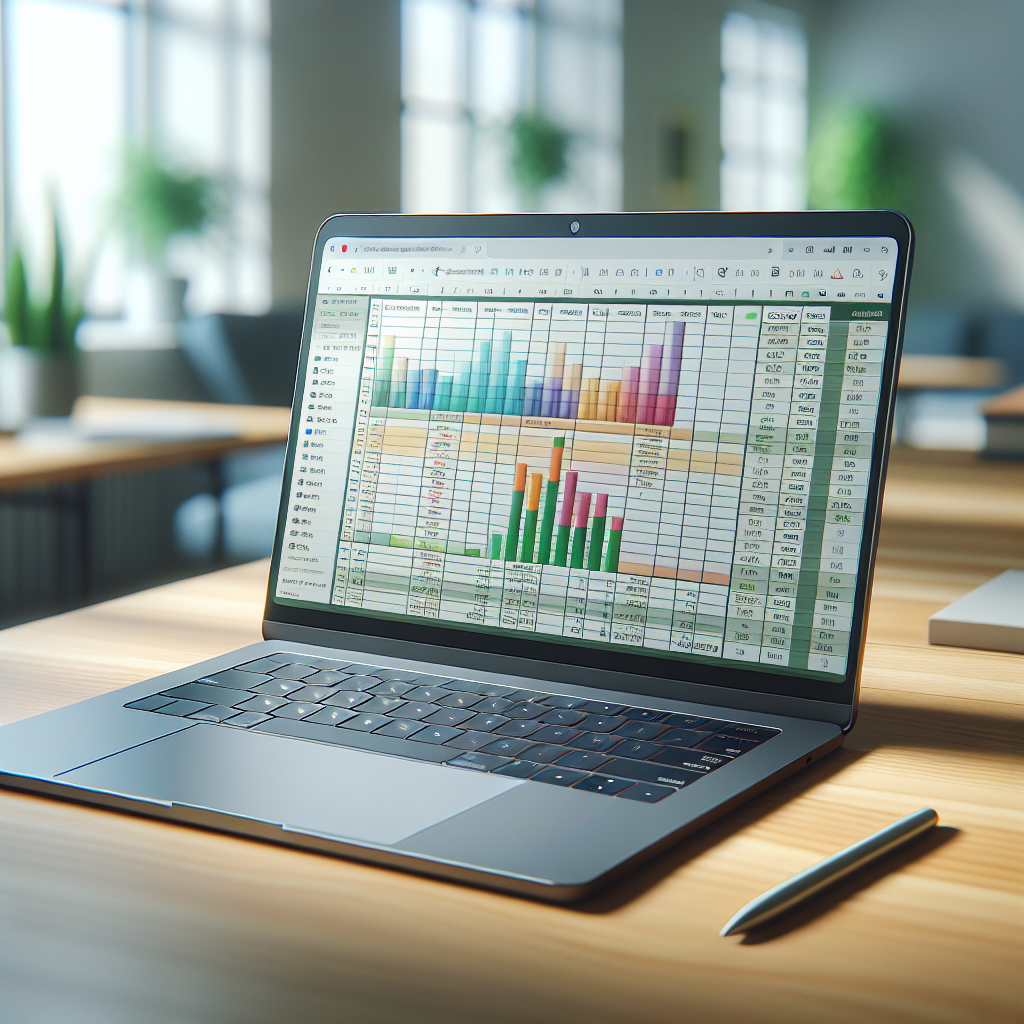 Digital spreadsheet on a modern laptop screen in an office setting.