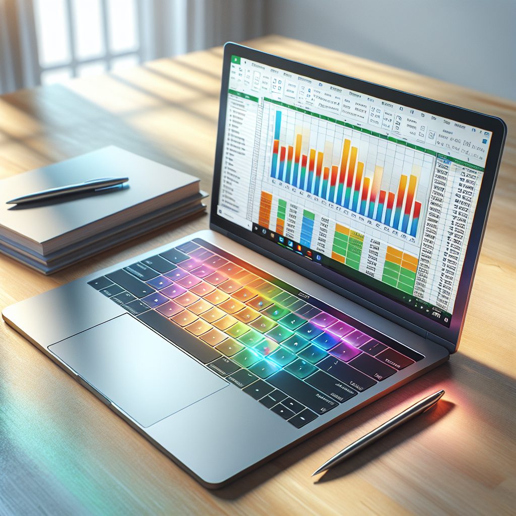 A laptop showing an Excel spreadsheet with colorful graphs on a wooden desk.