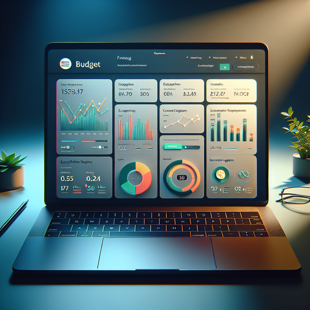 Modern budget tracker website interface on a sleek laptop.
