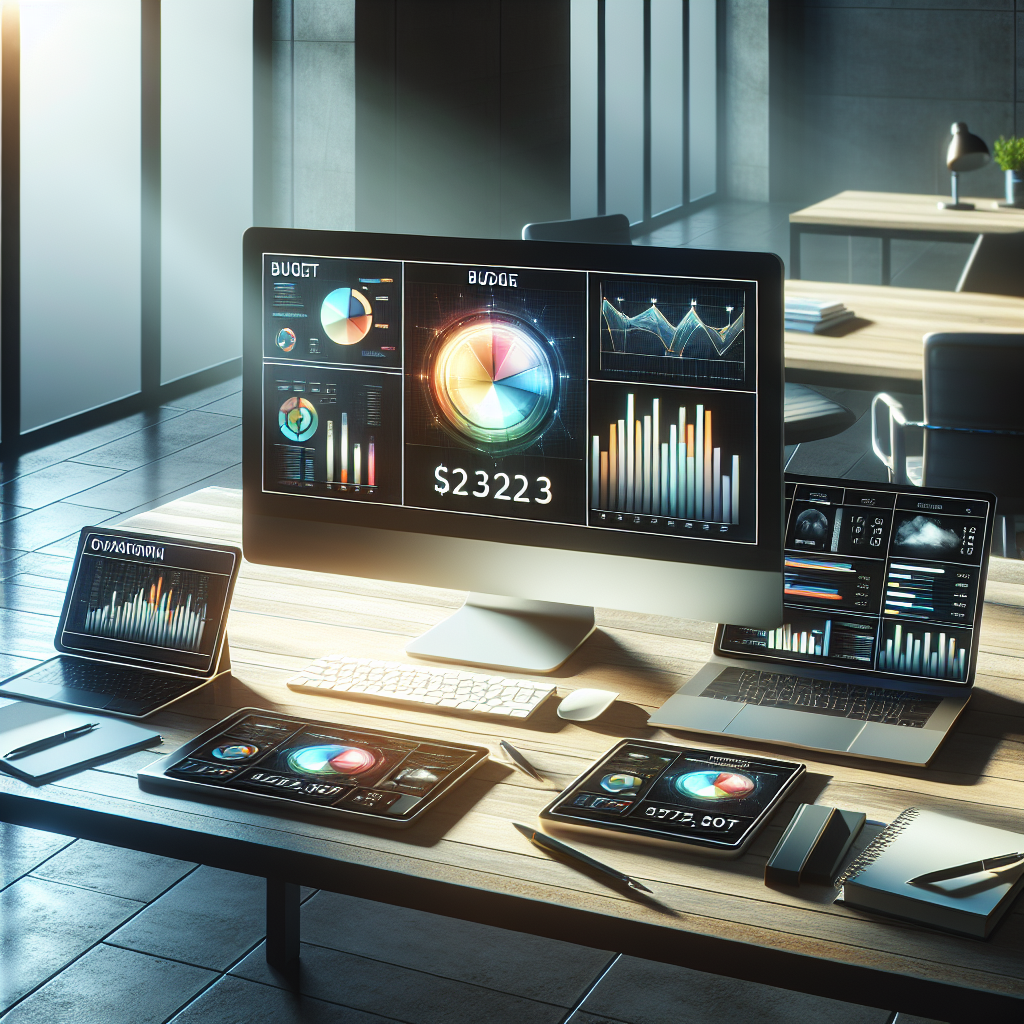 Digital budget tracker interface with a colorful pie chart on a modern desktop setup.