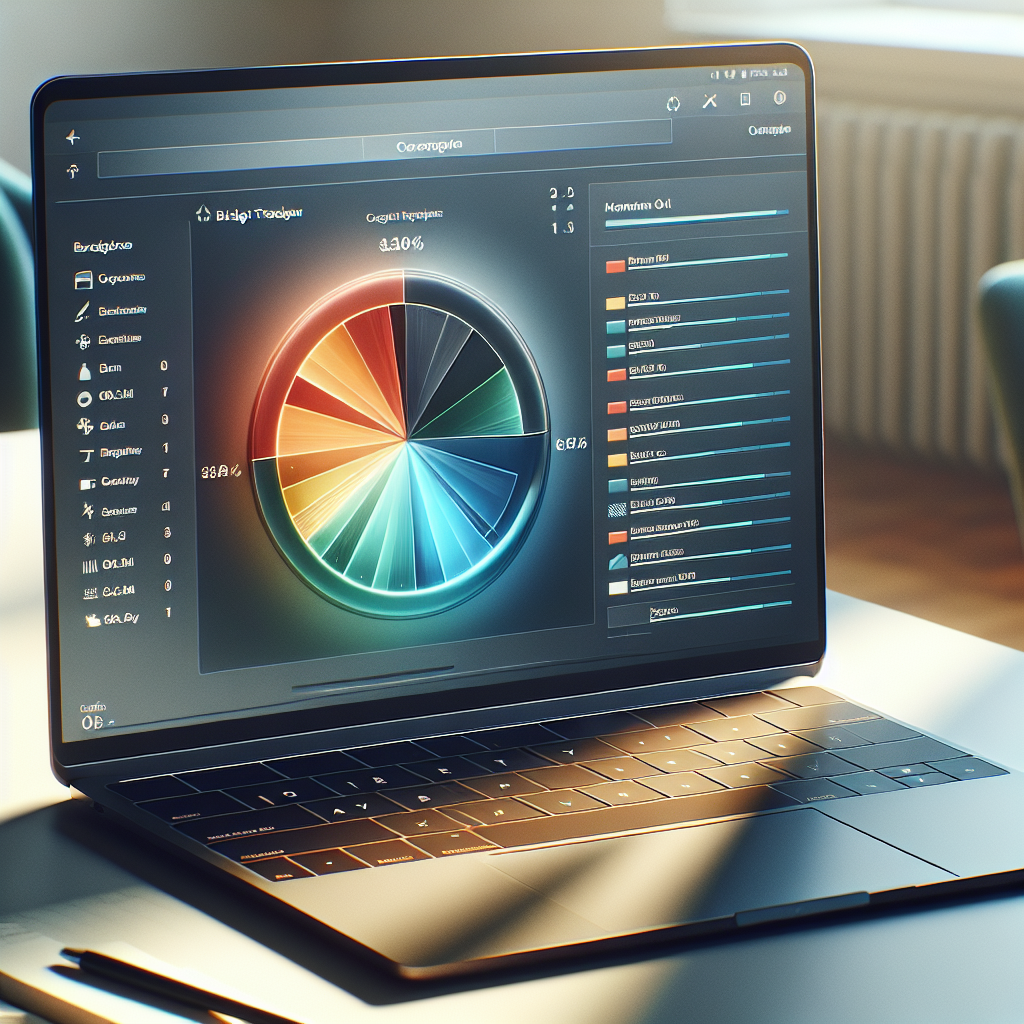 Digital budget tracker on a laptop showing a pie chart of expenses.