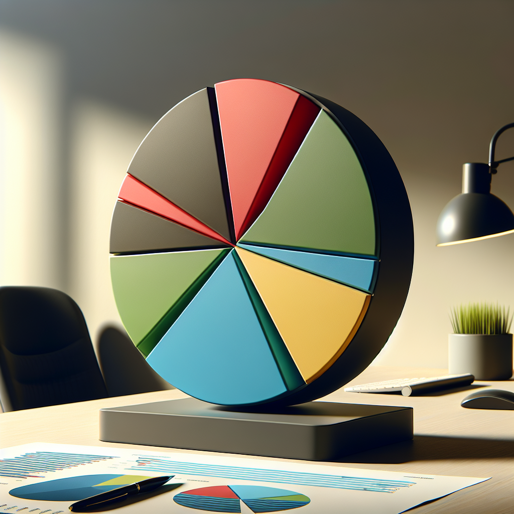 A realistic image of a budget tracker with a colorful pie chart on a neutral-toned background.