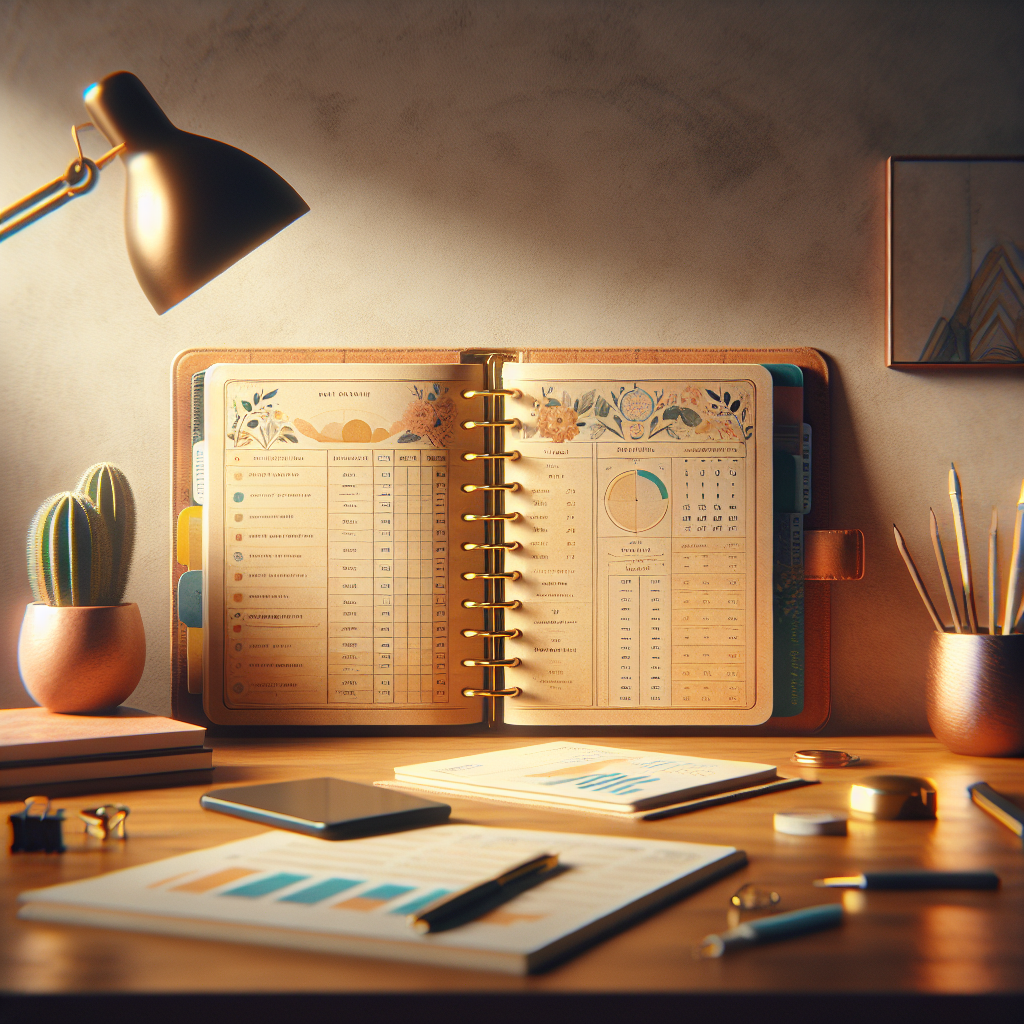 A desk with an open paper budget planner displaying financial notes and colorful pages in a cozy, well-lit setting.