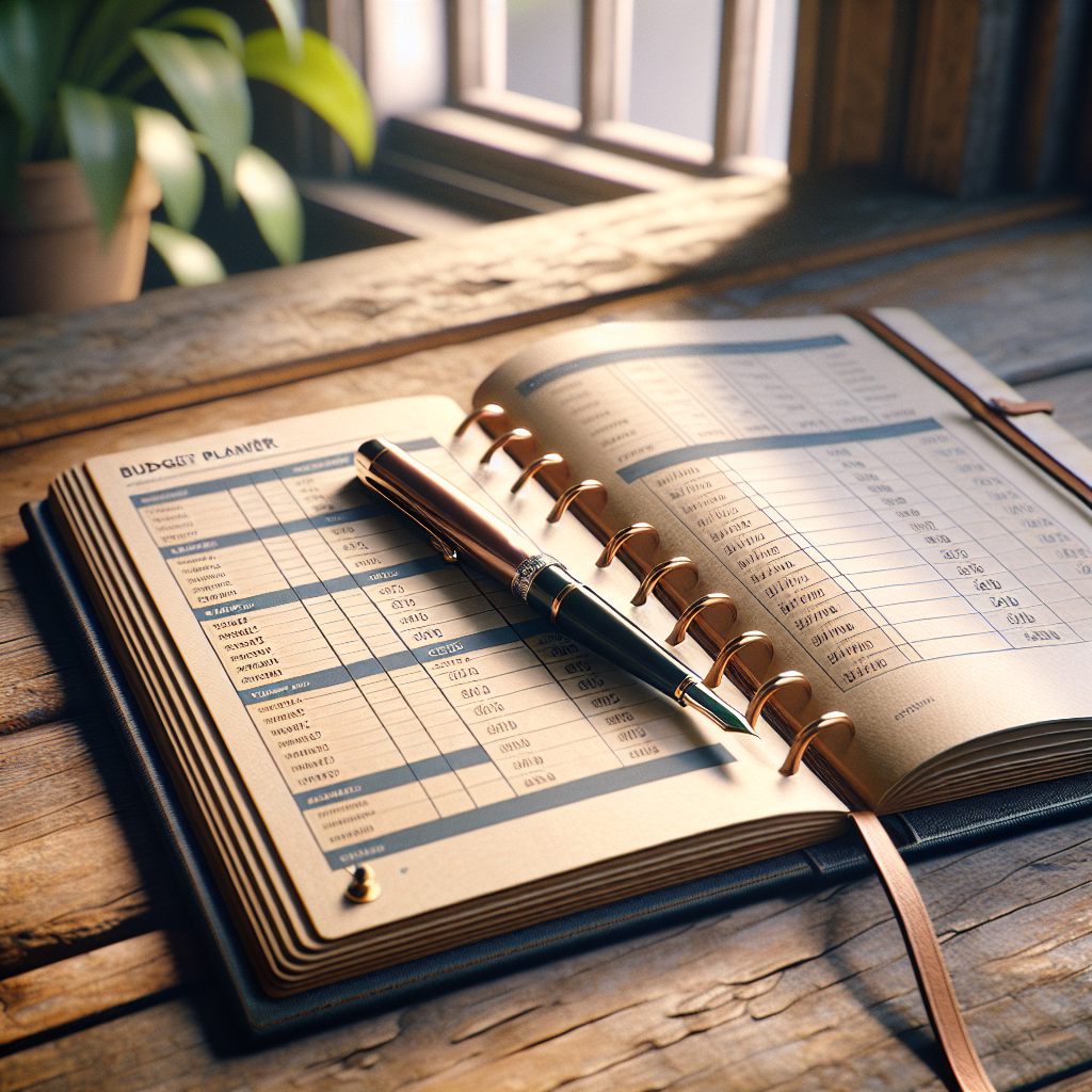 A realistic image of a paper budget planner on a desk with a pen, showcasing an inviting and organized setting.