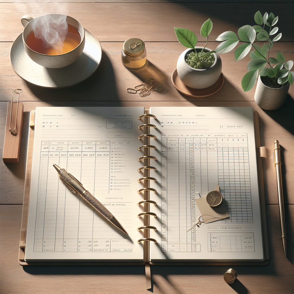 An open paper budget planner on a wooden desk with a pen, tea cup, and plant.