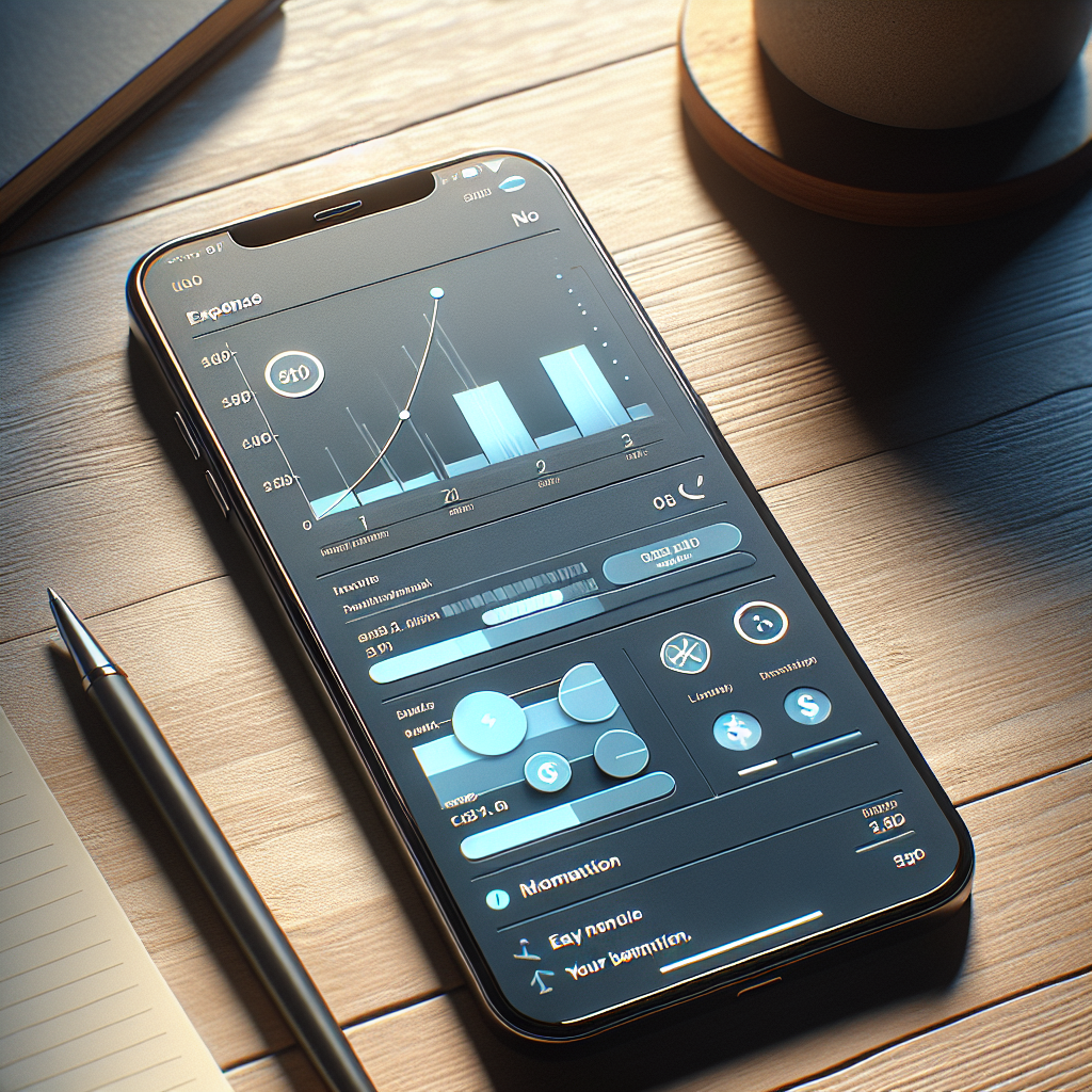 A modern iOS expense tracker app interface on a sleek smartphone, with a desk setting.