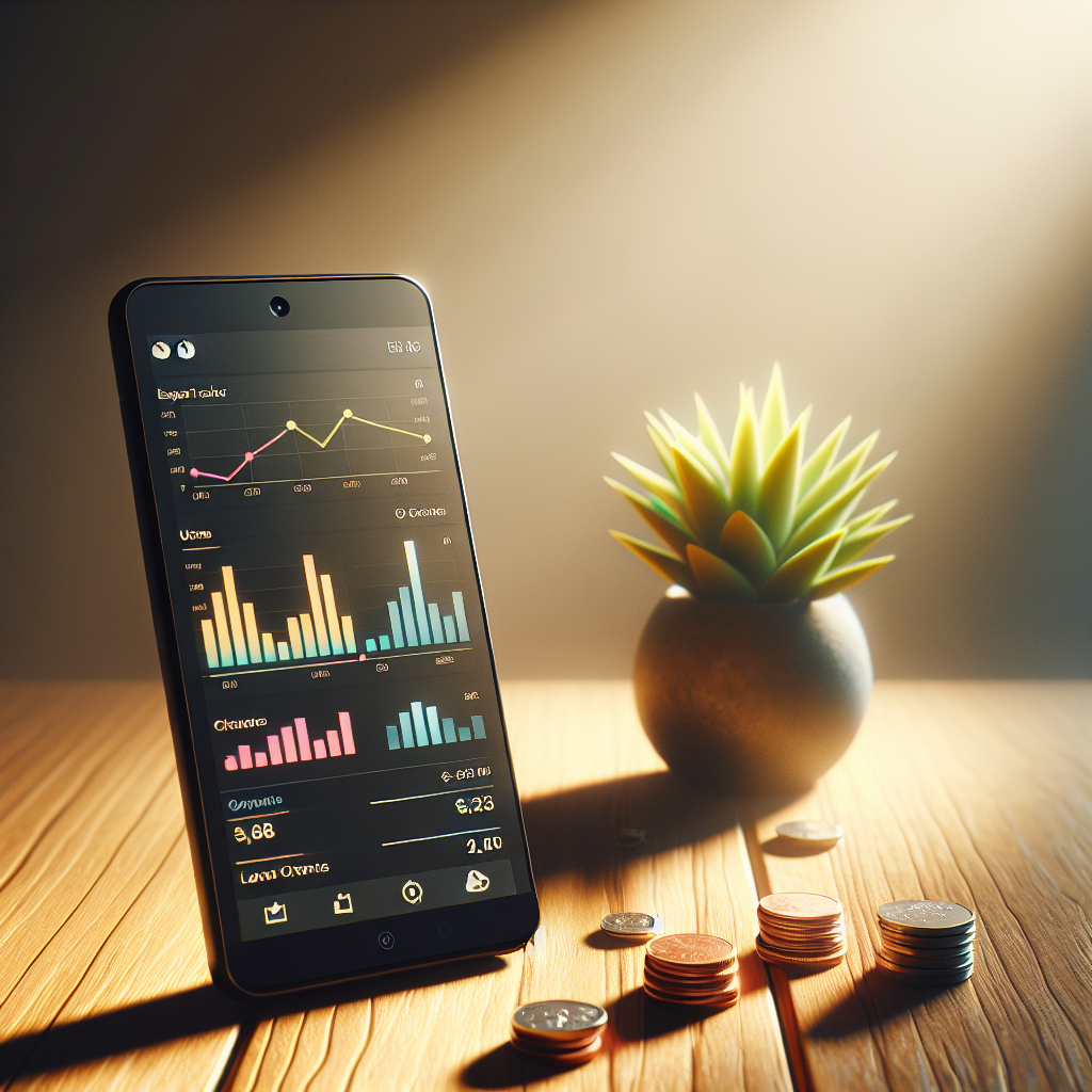 iPhone on a desk showing an expense tracker app interface with coins and a small plant nearby.