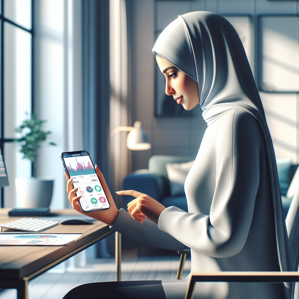 A person using an iPhone to track expenses in a modern home office.