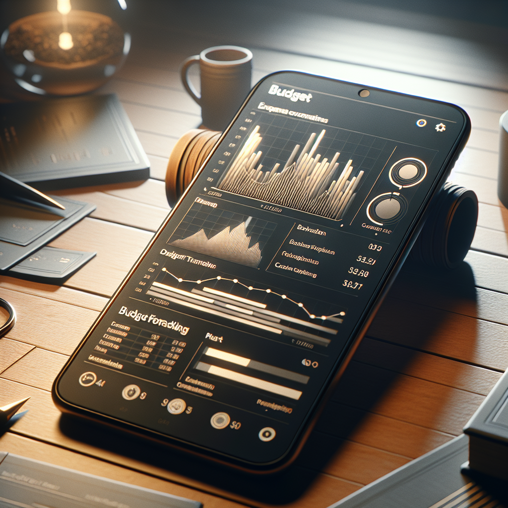 Smartphone displaying a budget tracking app interface with graphs and charts on a wooden desk.