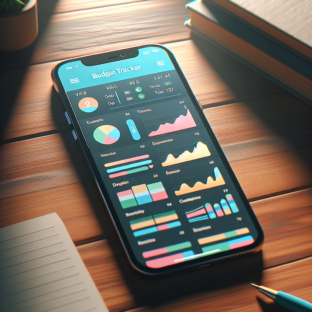A smartphone with a budget tracker app interface on a wooden table.