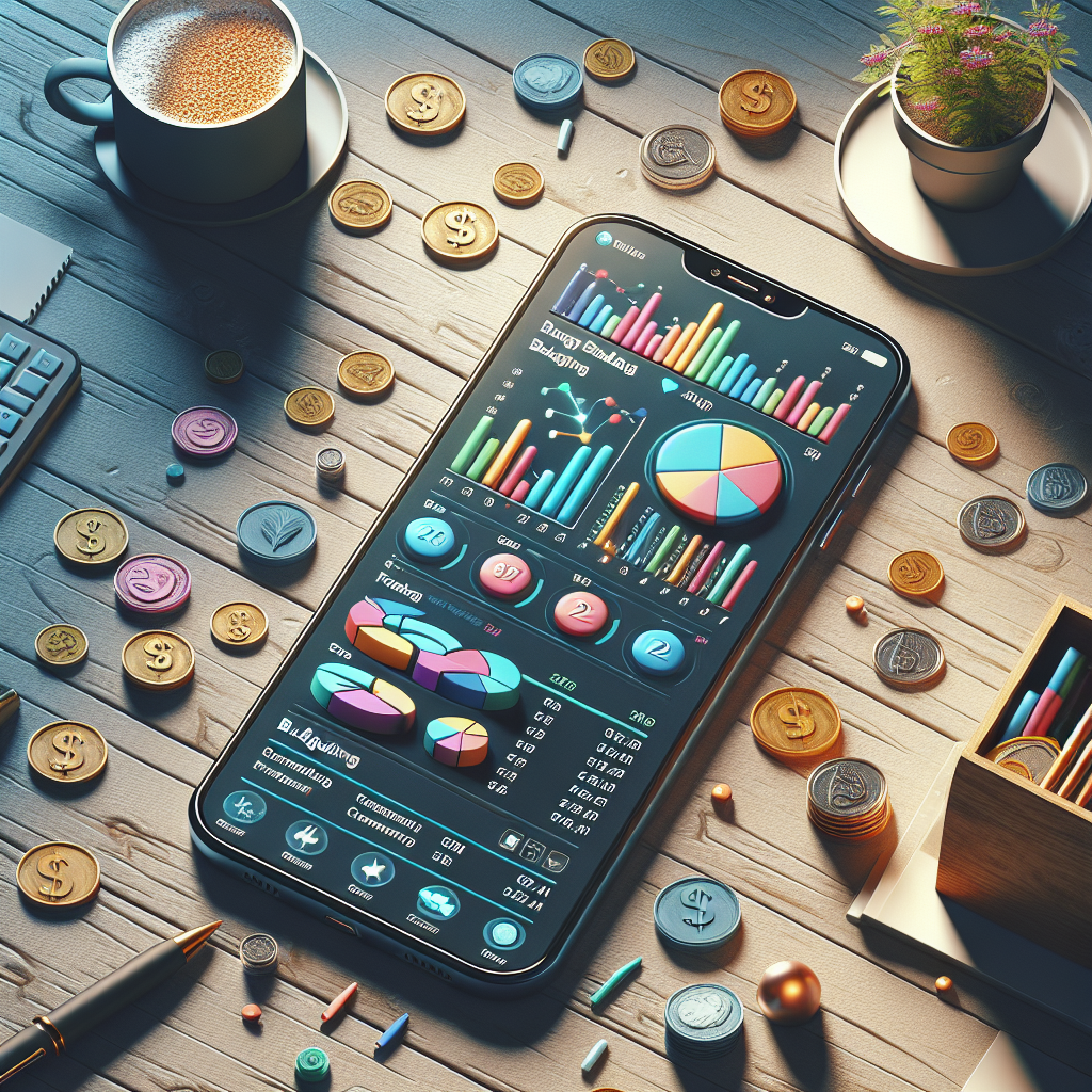 Smartphone with budget tracker app interface on wooden table with financial items around.