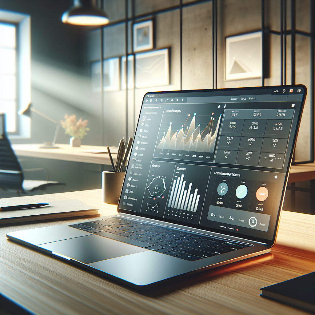 A modern workstation with a laptop showing a financial dashboard, representing a budget tracking tool.