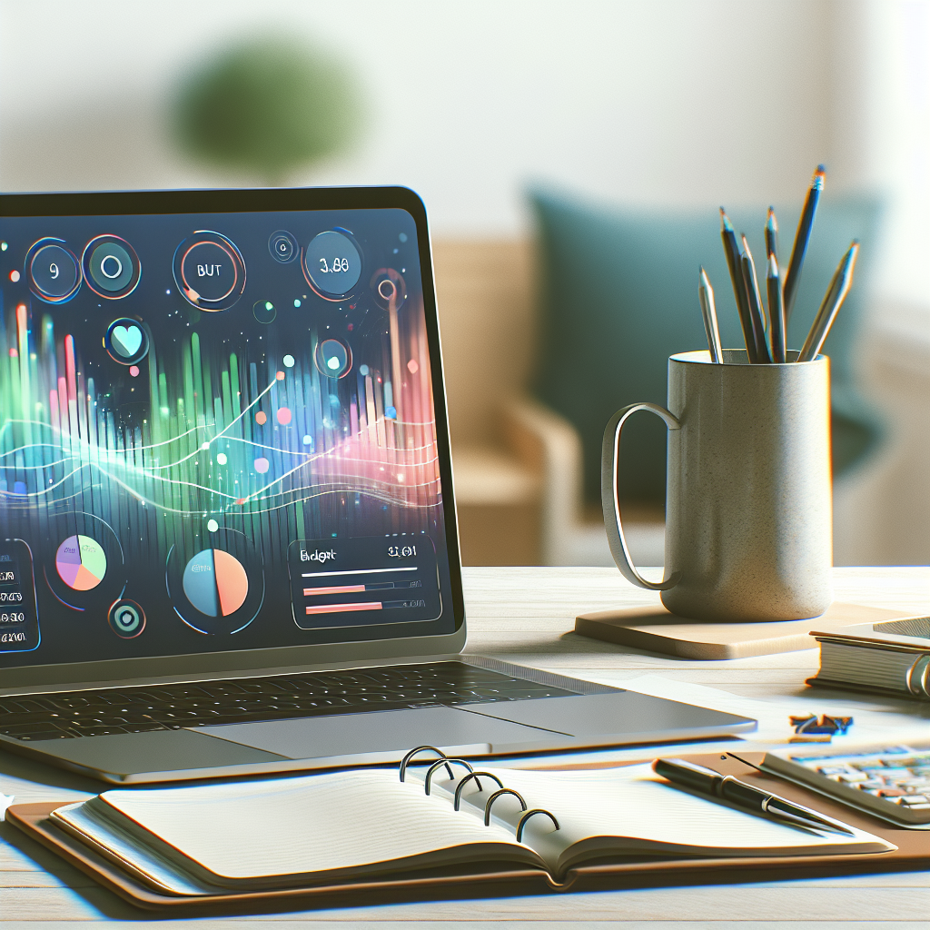 Modern workspace with a laptop showing a financial dashboard, symbolizing a budget tracker.