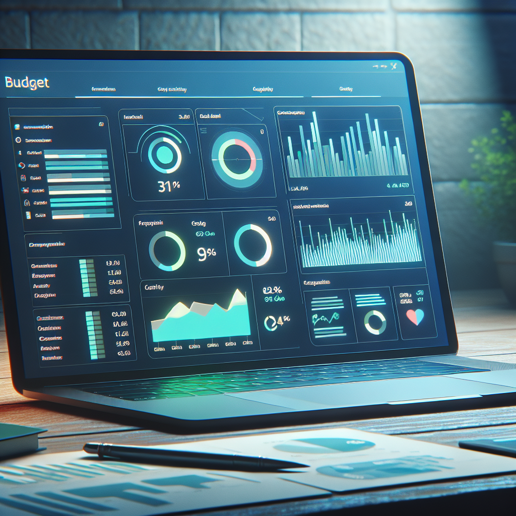 Depiction of a digital budget tracker interface with colorful charts and graphs.