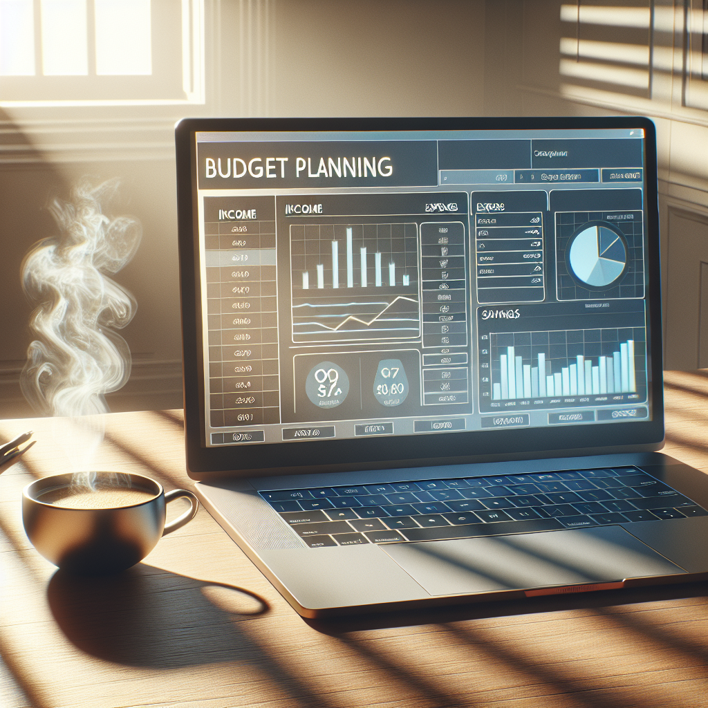 A realistic image of a laptop displaying a digital budget planner template on a wooden desk with a cup of coffee, in natural sunlight.