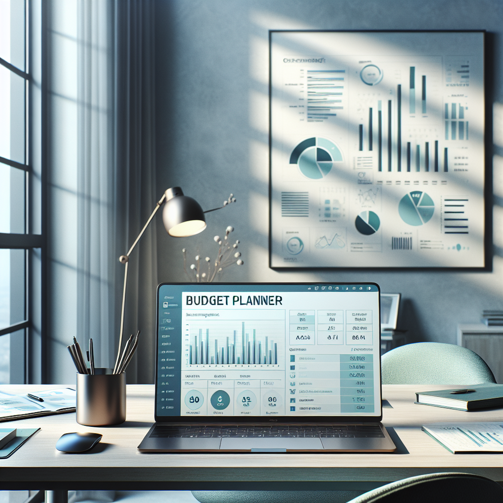 A modern digital workspace with a laptop displaying a budget planner template.