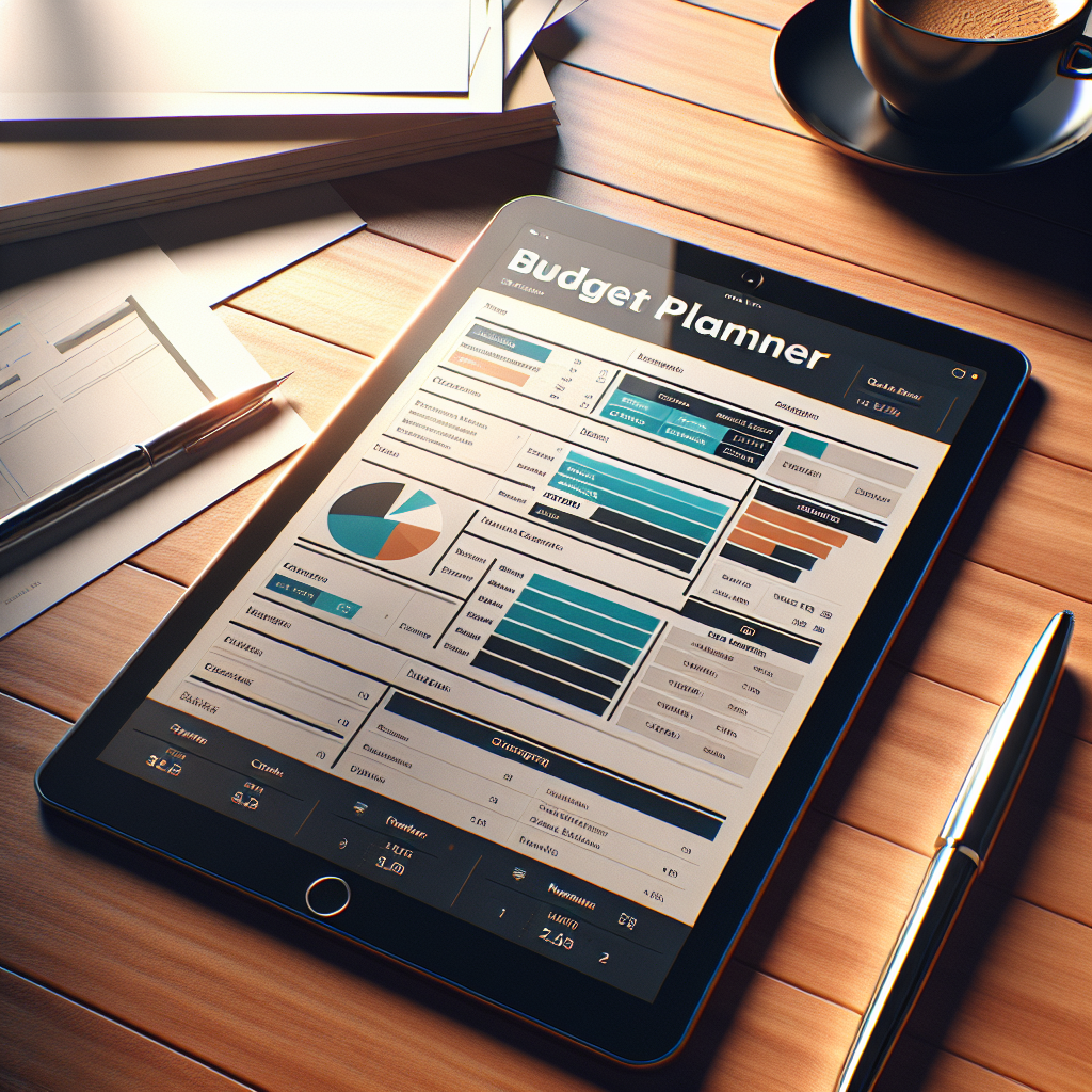 A modern budget planner template on a tablet screen, surrounded by office items.