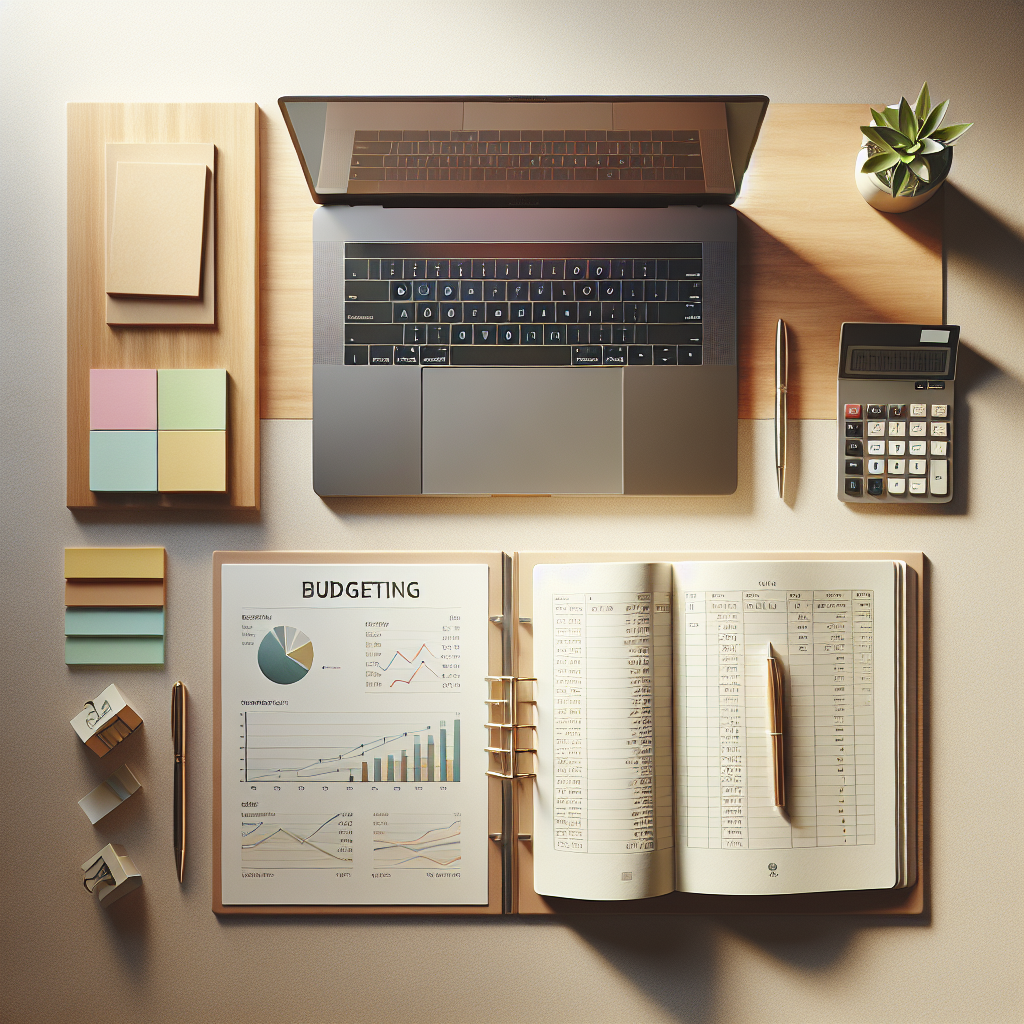 A top view of an organized workspace with a laptop, notebook with charts, calculator, and sticky notes for budgeting.