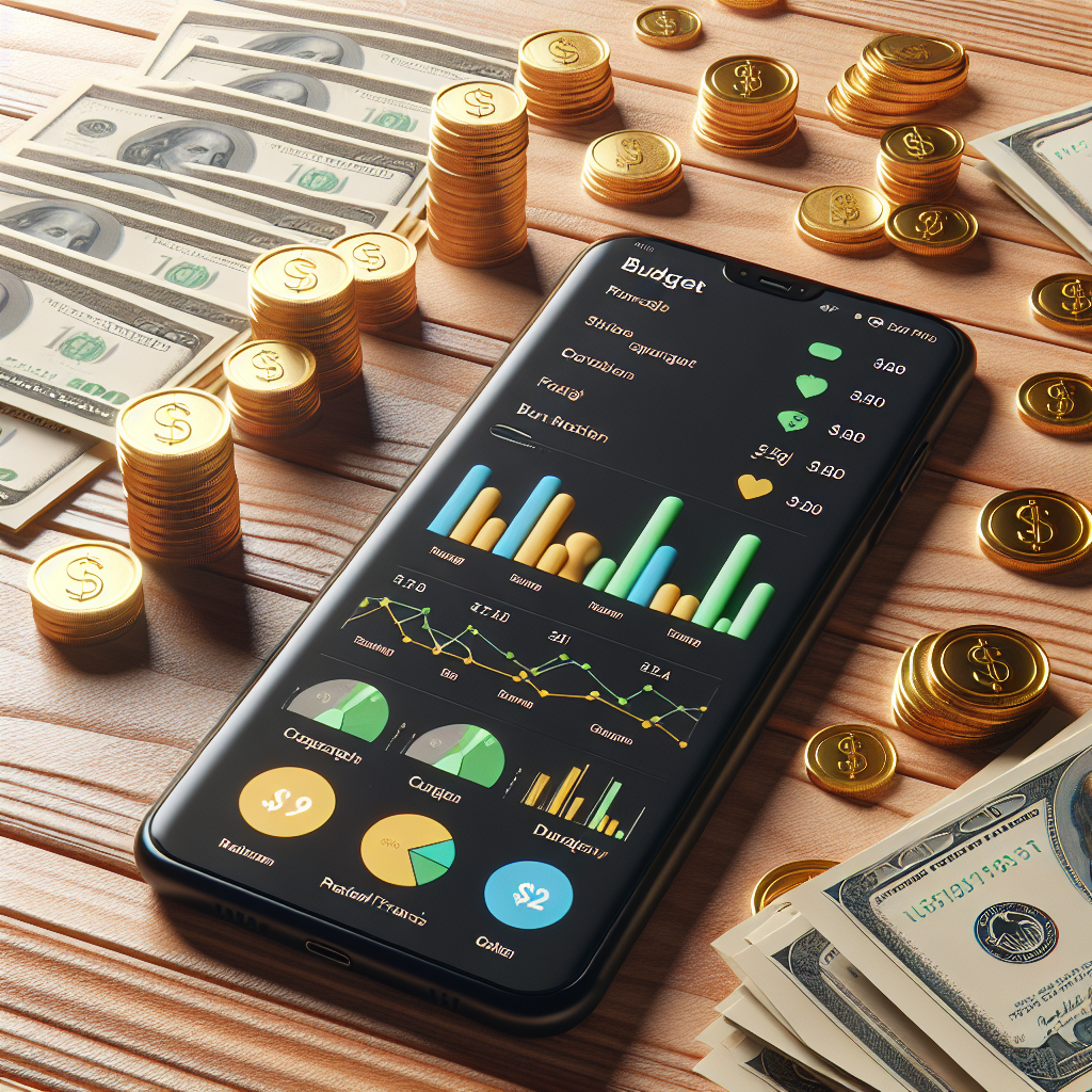 A smartphone displaying a personal finance app, with scattered coins and dollar bills on a wooden desk.