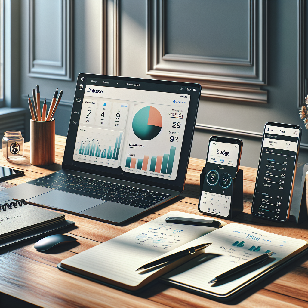 An assortment of digital expense tracking tools on a wooden desk.