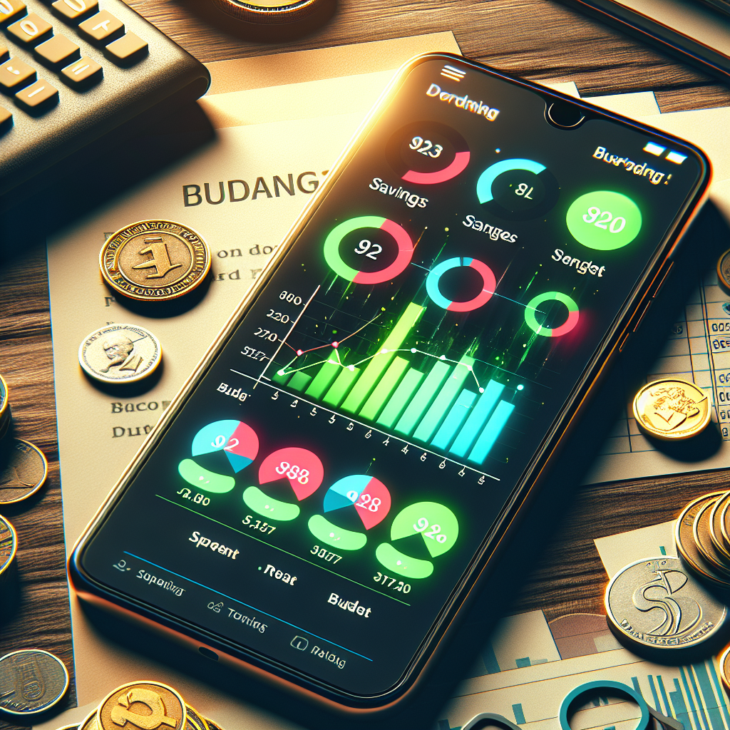 A smartphone displaying an expense tracker application surrounded by financial documents and coins.