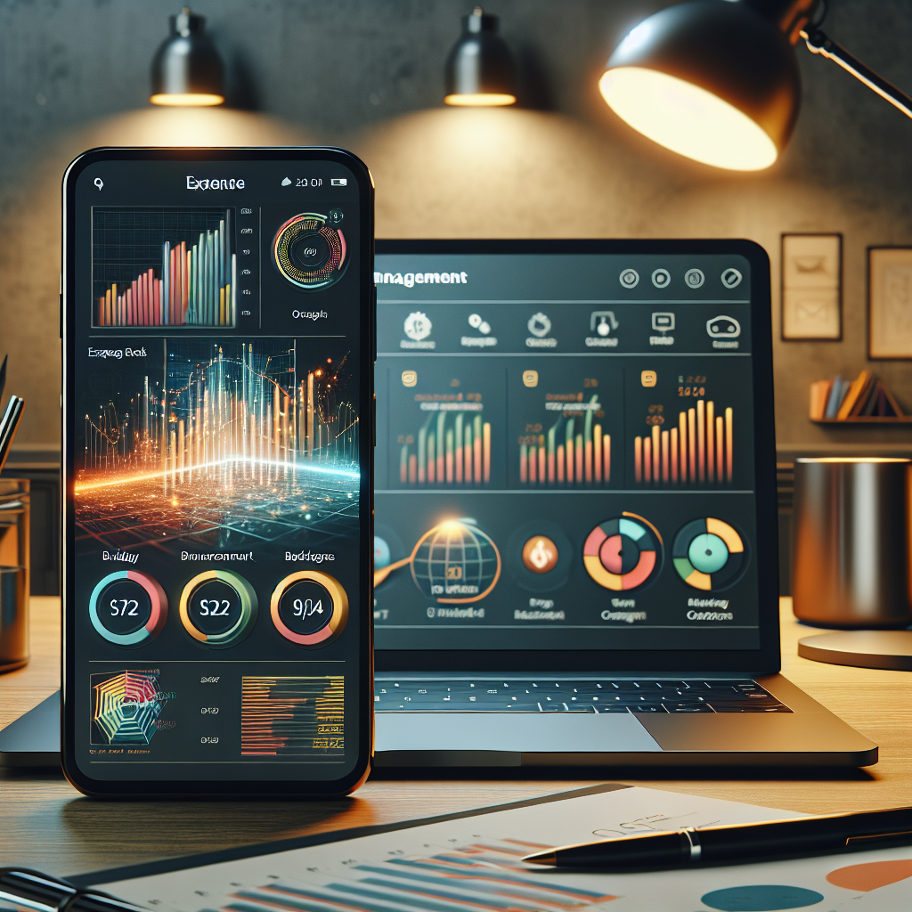 A workspace featuring a smartphone with an expense tracking app and a laptop displaying financial software.