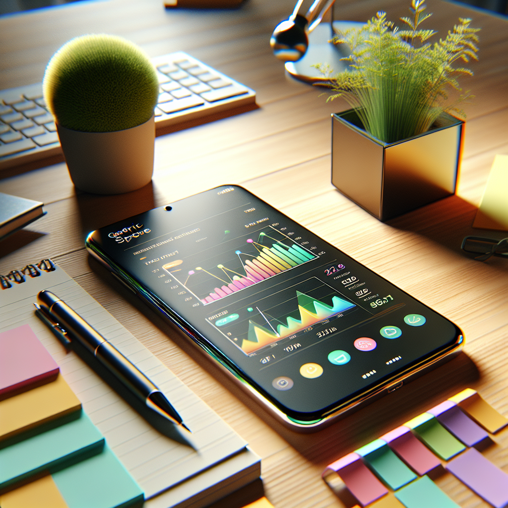 A modern workspace with an iPhone displaying a finance app, surrounded by a notepad, sticky notes, a pen, and a small plant.