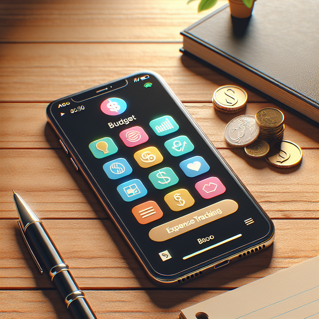 An iPhone displaying a personal finance app interface on a wooden desk.