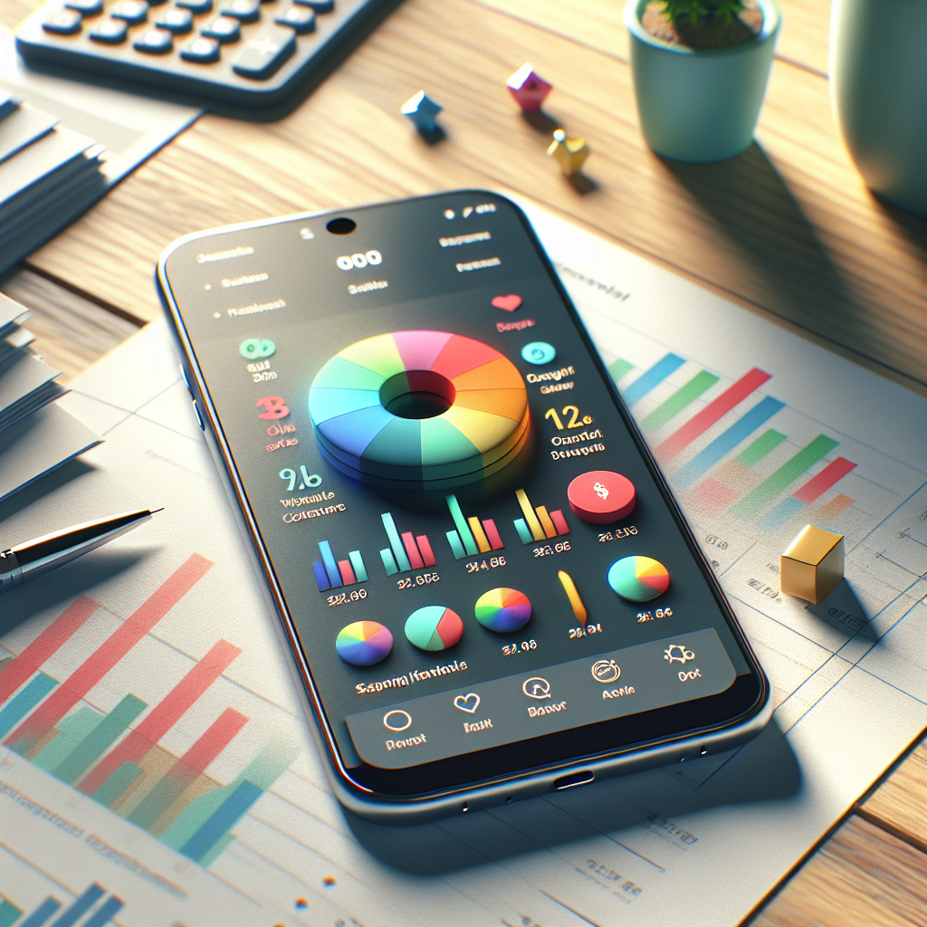 A modern iPhone displaying a personal finance app interface on a wooden desk.