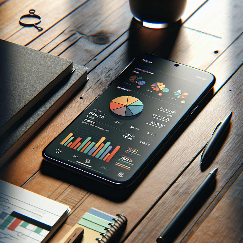 A smartphone displaying a budgeting app on a wooden table with financial items.