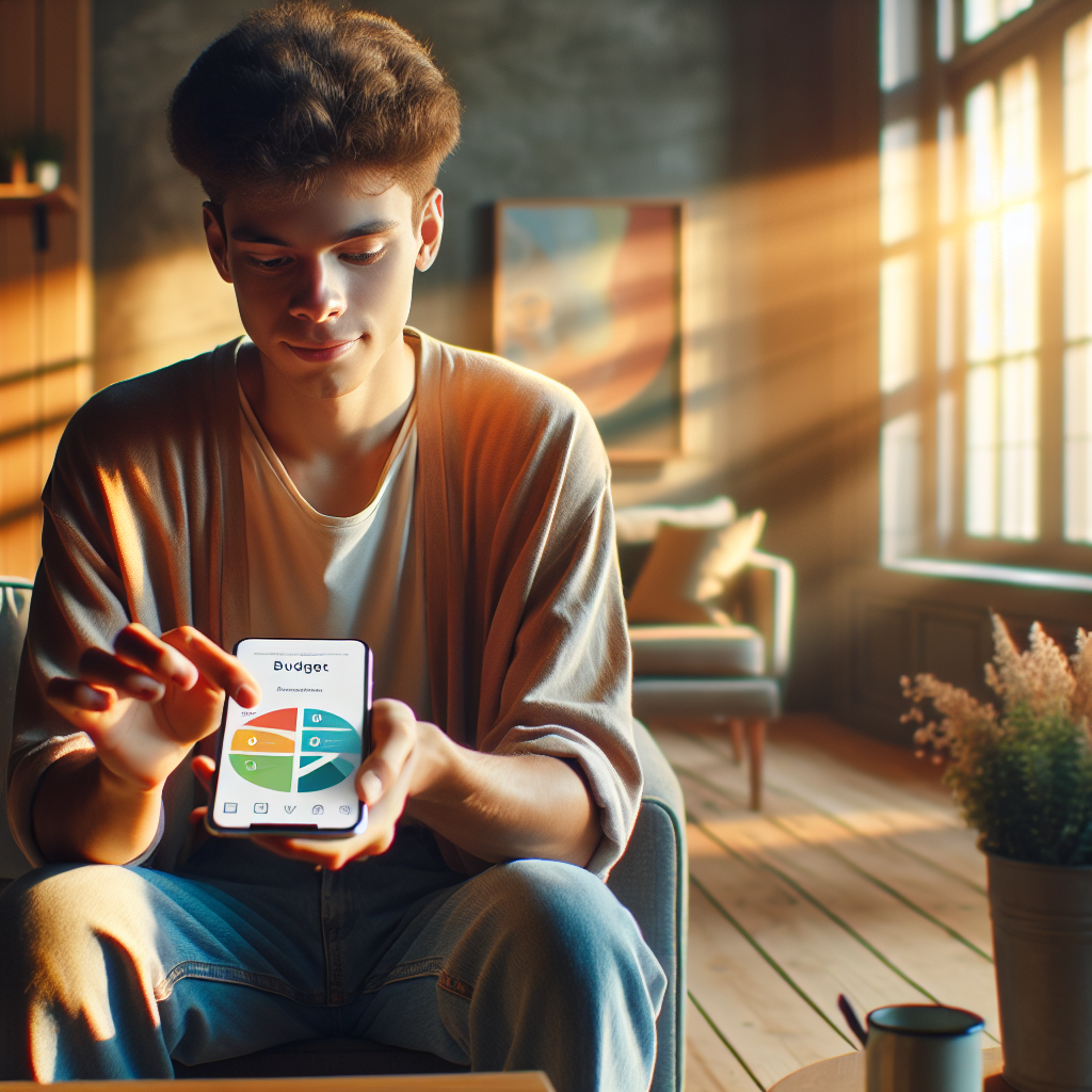 A young adult using a budgeting app on a smartphone in a cozy living room.