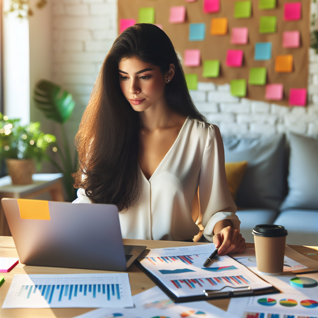 A young woman working on budgeting with a laptop at a desk in a modern office.