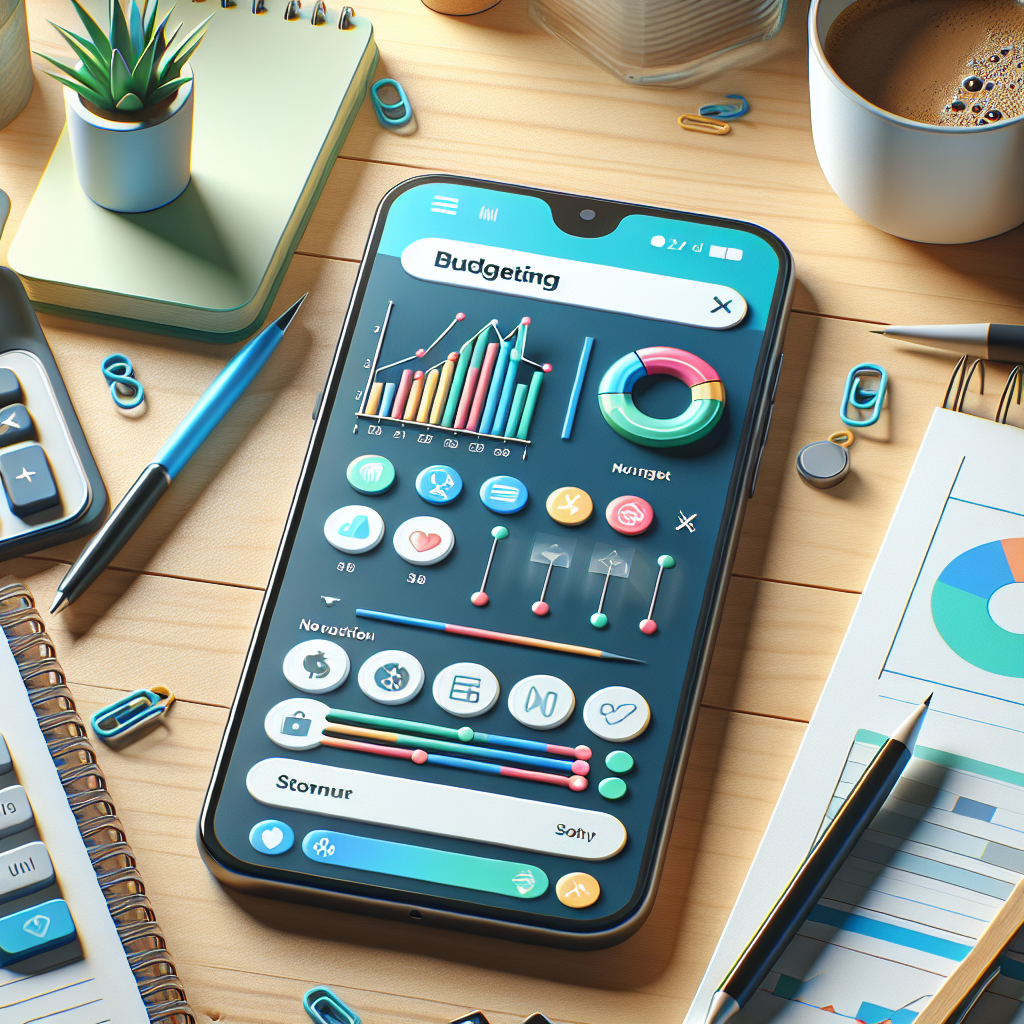 A smartphone showing a budgeting app interface on a desk with a notebook and coffee cup.