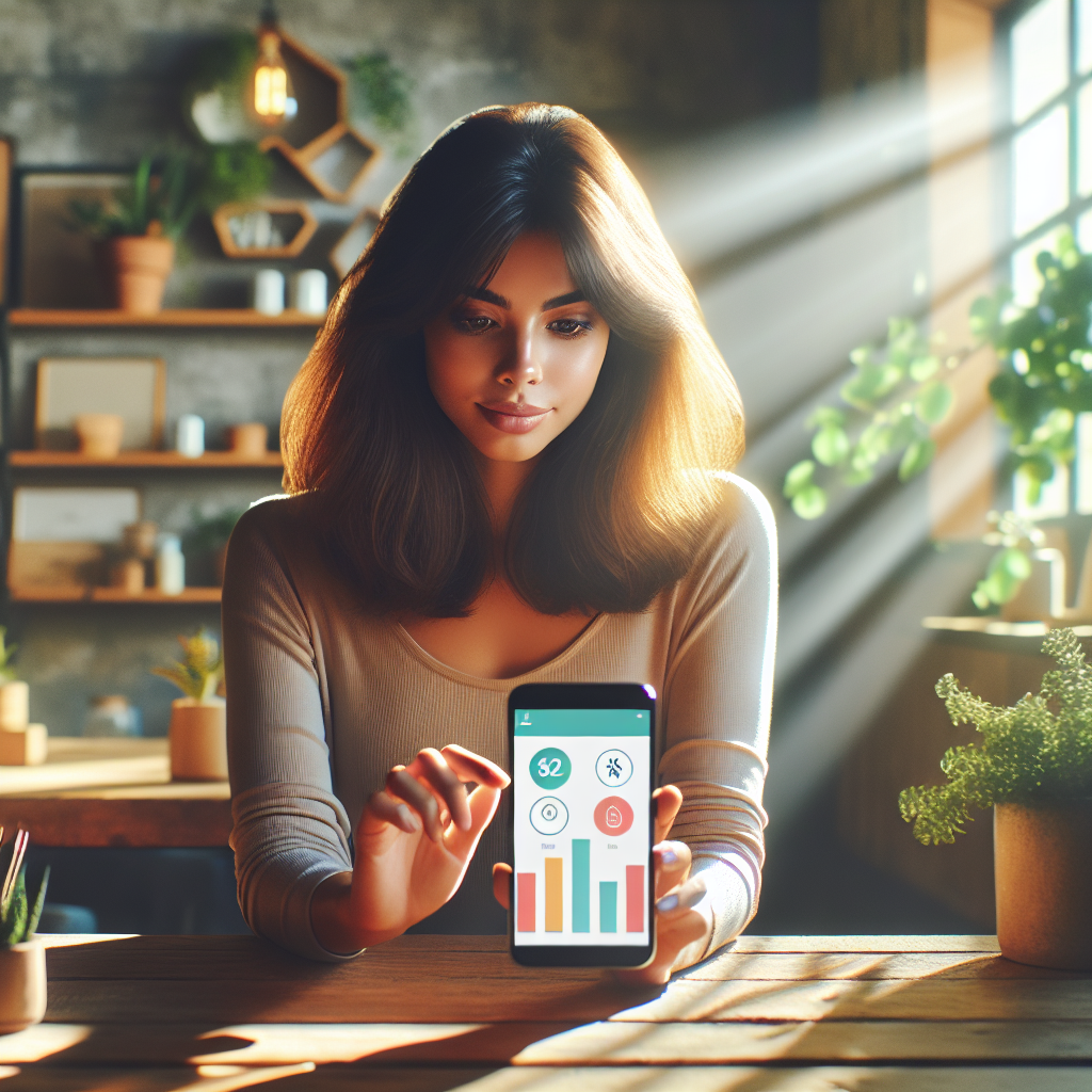 A woman using the Wally personal finance app on her smartphone in a warm, inviting room.