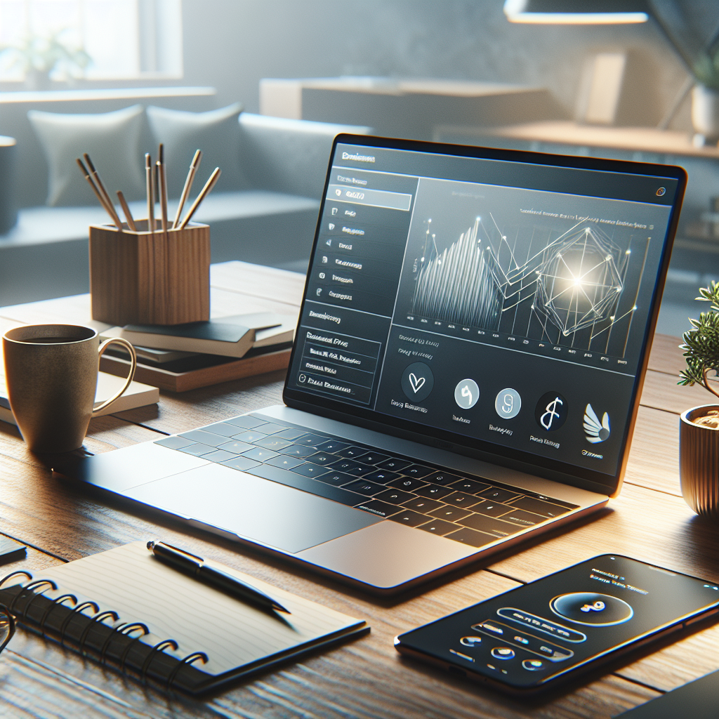 A modern workspace featuring a laptop and smartphone displaying the Wally personal finance app.