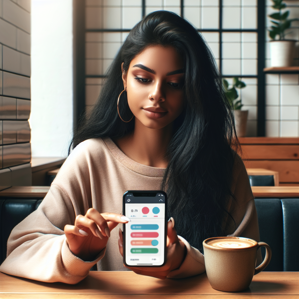 A young Hispanic woman using the Wally personal finance app on a smartphone at a wooden table.