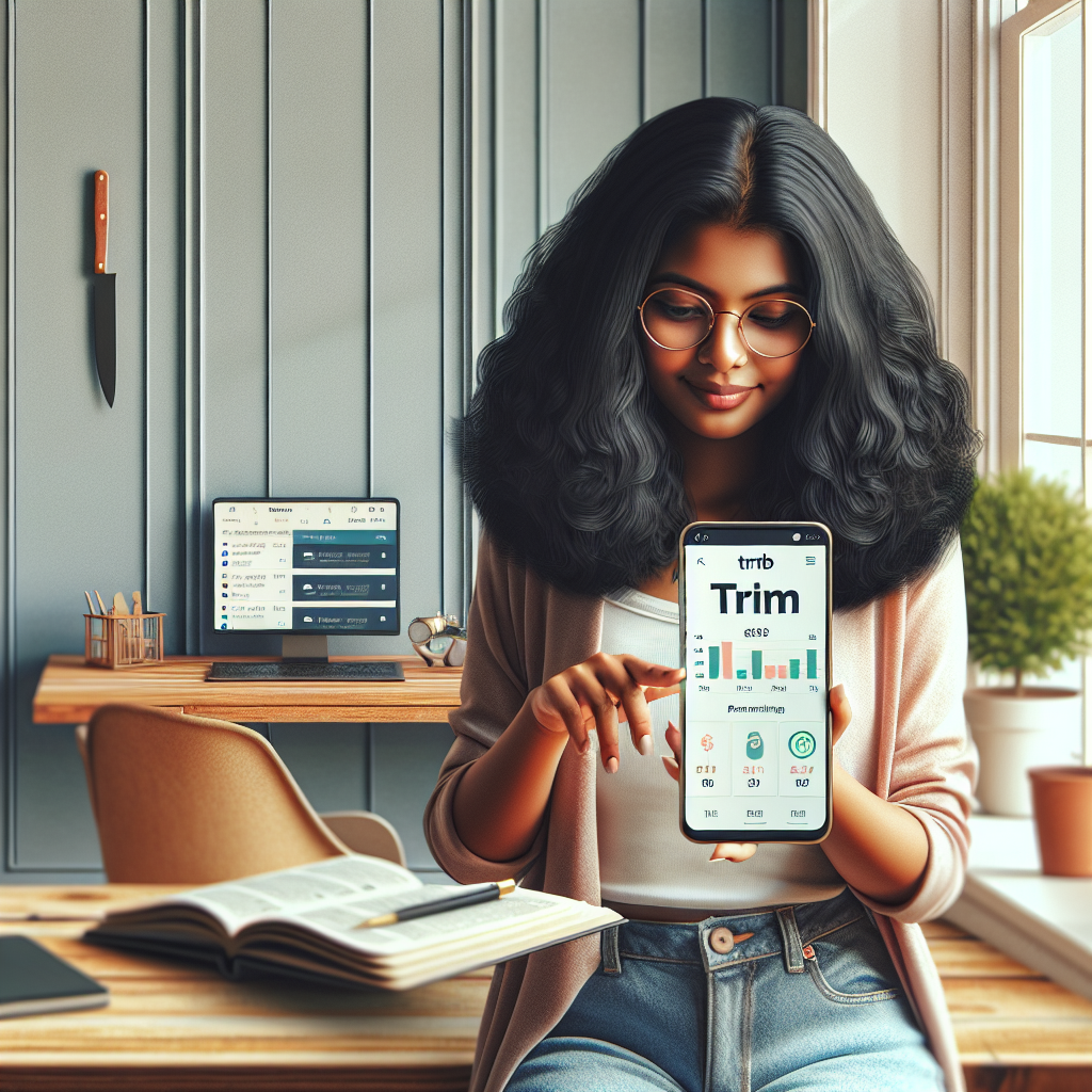 A young adult using the Trim personal finance app on a smartphone in a cozy workspace.