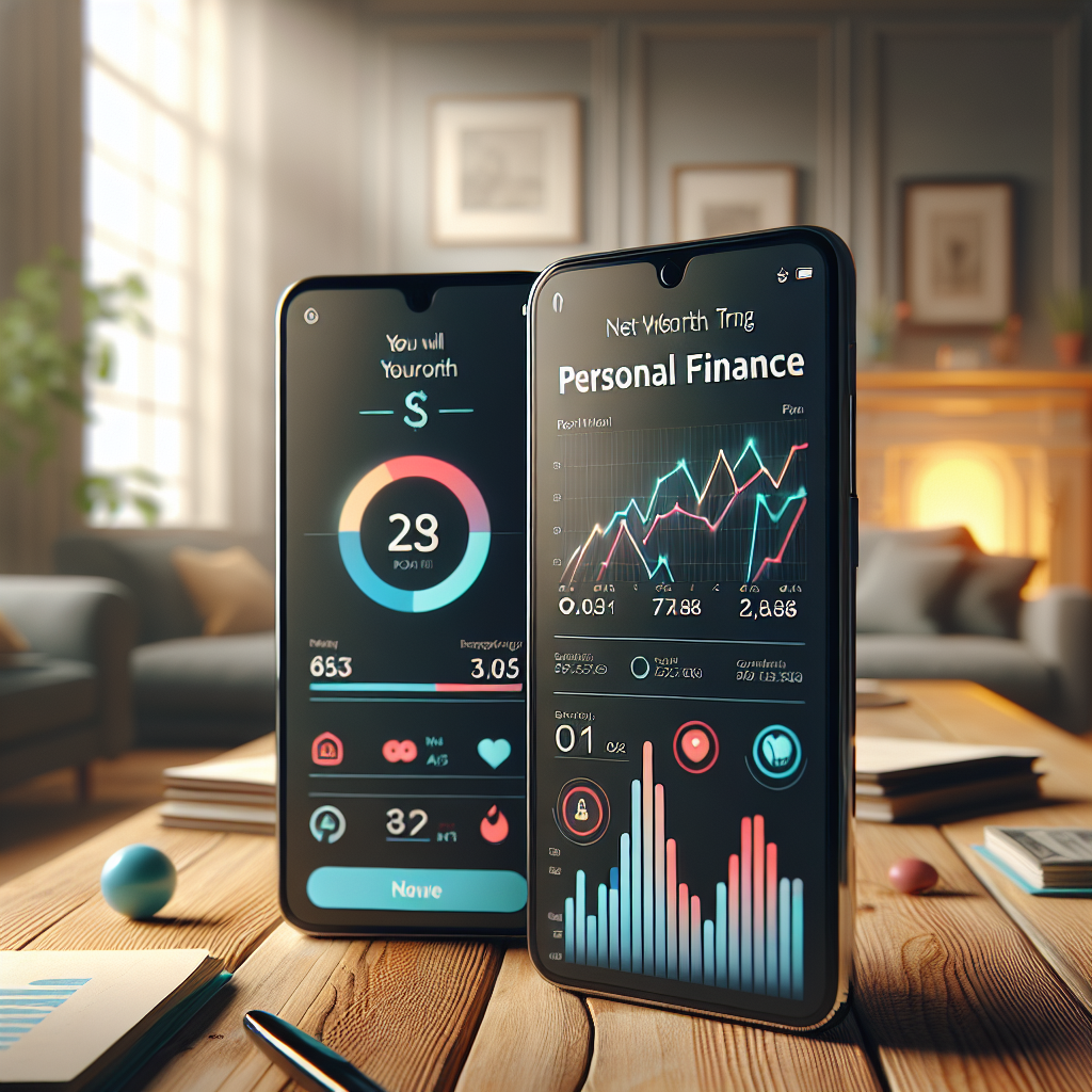 A smartphone displaying a personal finance app interface on a wooden table.