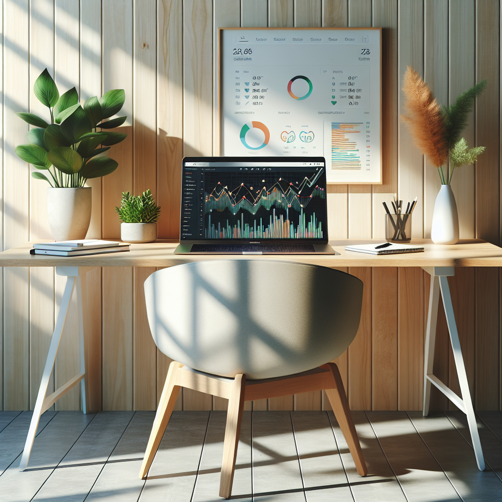 A modern workspace with a laptop showing a personal finance app, charts, and a clean desk.