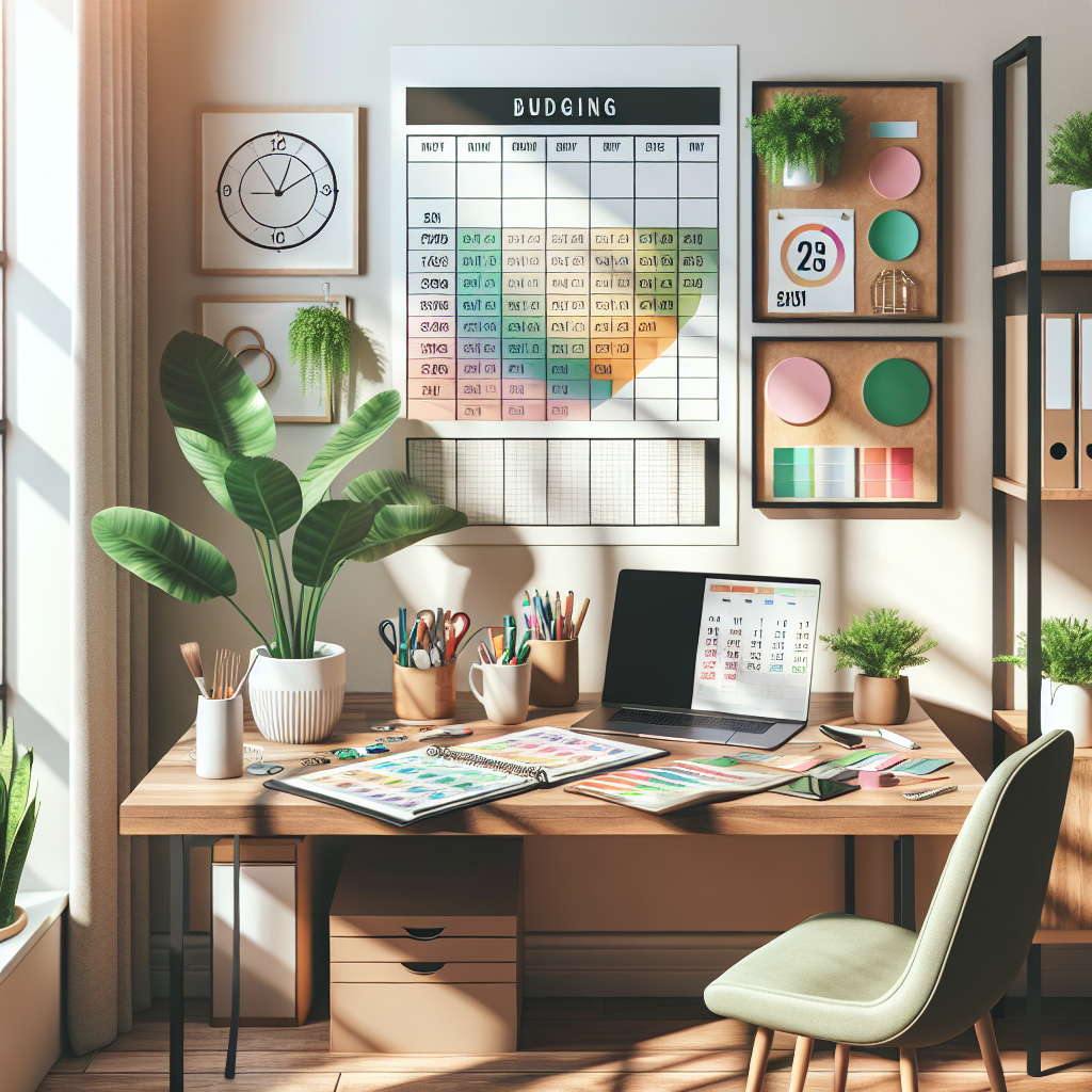 A serene home office setup for budget planning, featuring a desk with a planner and a calendar.